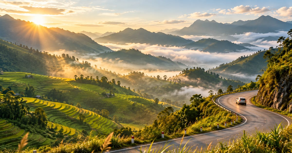 Đường đèo vùng núi phía tây bắc có ruộng bậc thang
