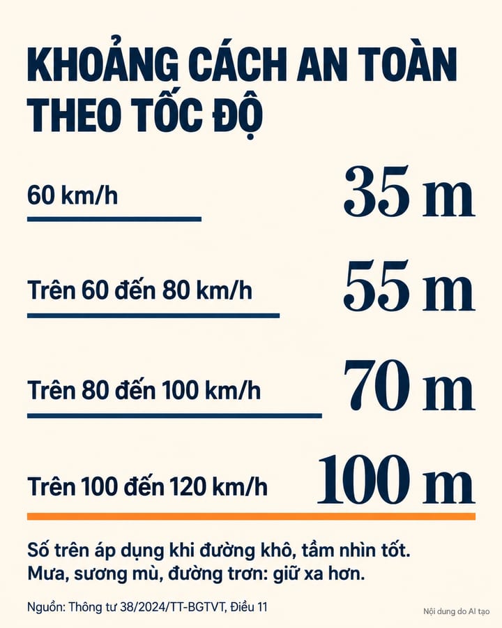 Thẻ số liệu: chạy 60 km/h giữ 35 m, trên 60 đến 80 km/h giữ 55 m, trên 80 đến 100 km/h giữ 70 m, trên 100 đến 120 km/h giữ 100 m